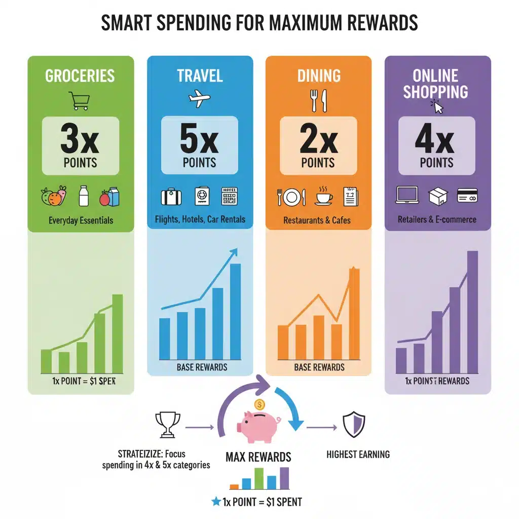 Infographic displaying loyalty point multipliers across various spending categories, demonstrating strategic rewards earning.