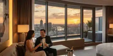Luxury hotel suite with city view, couple enjoying champagne, symbolizing elite travel benefits.
