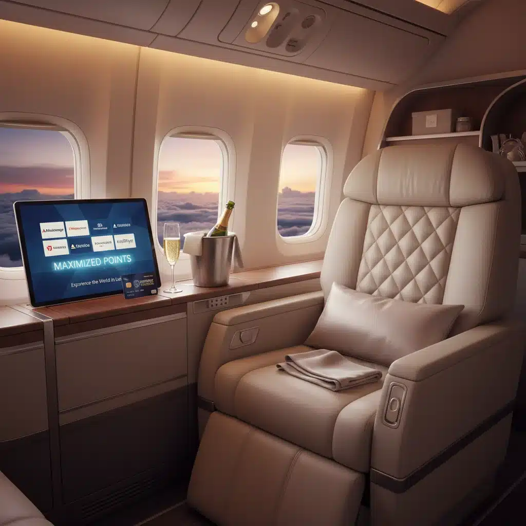 Luxury first-class airplane seat with champagne, symbolizing premium travel rewards