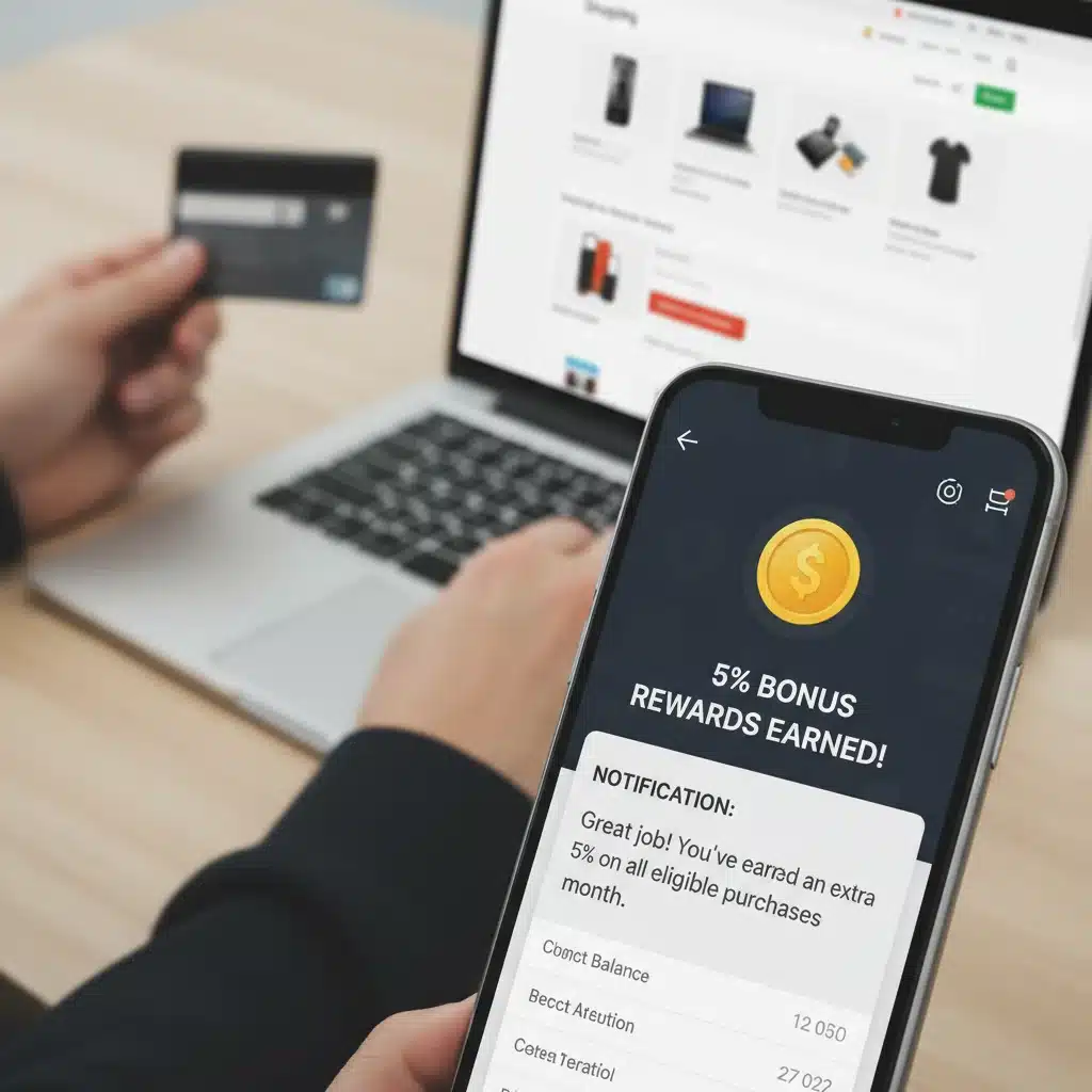 Smartphone screen showing 5% bonus rewards notification with a person making an online purchase in the background.
