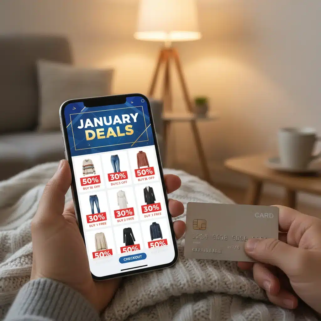 Online shopper finding the best January 2026 apparel deals on a smartphone.