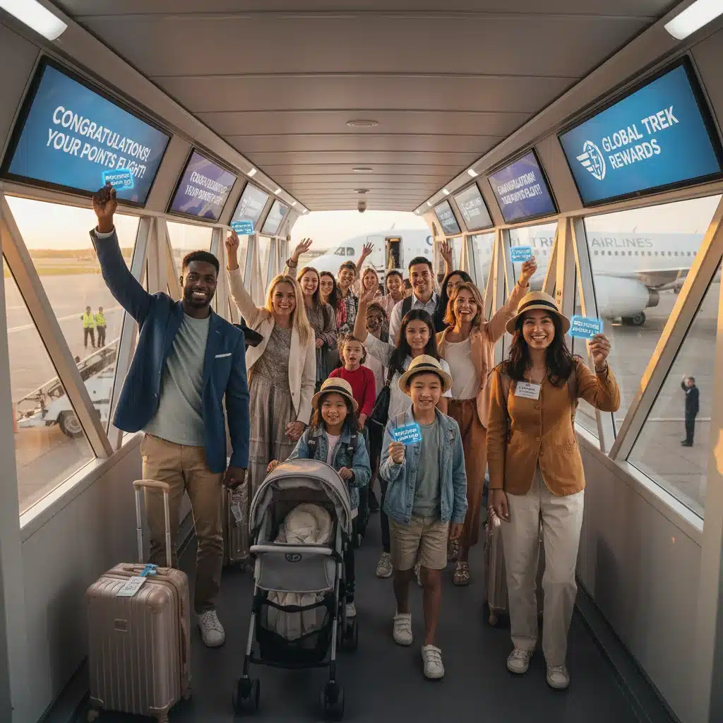 Happy travelers boarding a plane, successfully redeeming loyalty points for a trip.