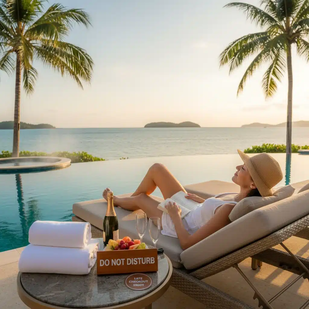 Person relaxing by a resort pool, symbolizing a leisurely late checkout.