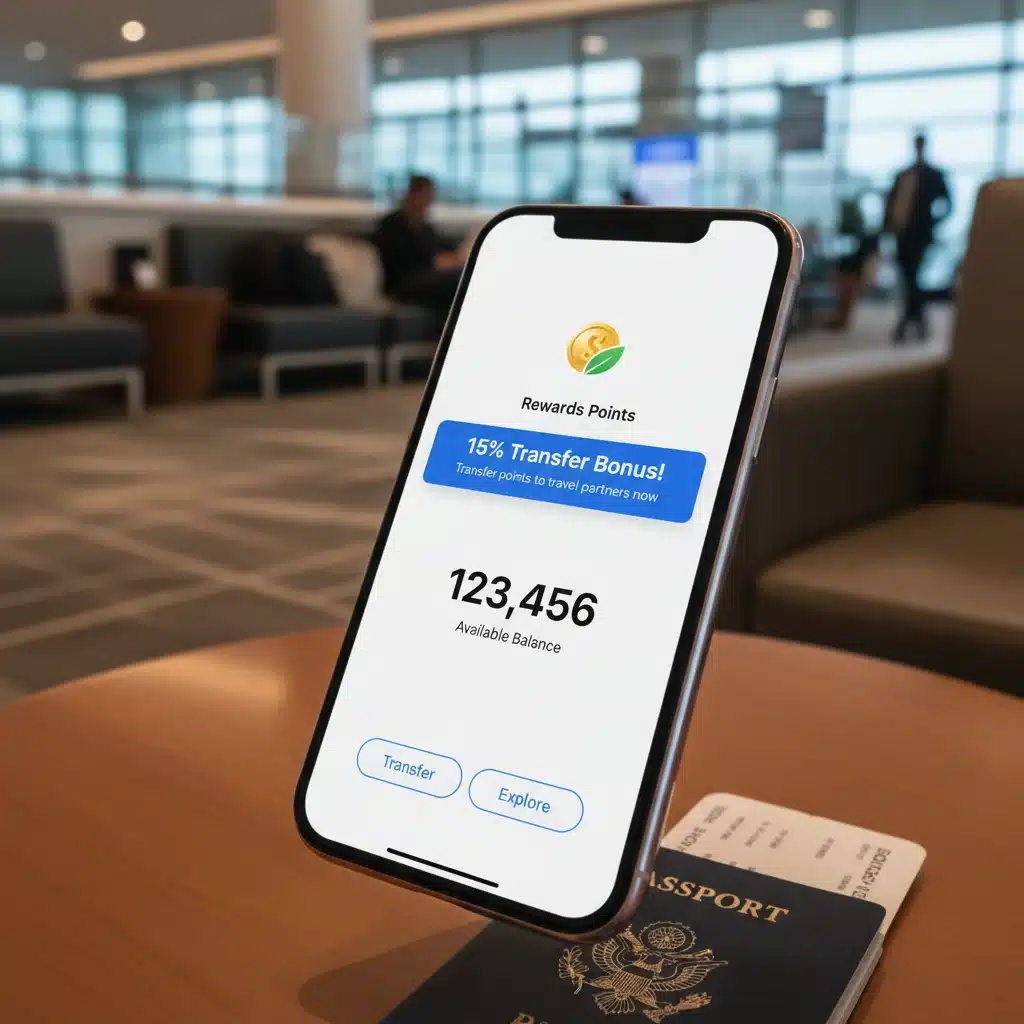 Smartphone showing rewards points balance and transfer bonus notification
