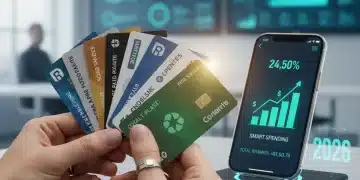 Smart shopper holding loyalty cards, accumulating double points on a digital screen, symbolizing maximized rewards and financial benefits.
