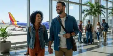 Happy couple with Southwest Companion Pass boarding passes at airport