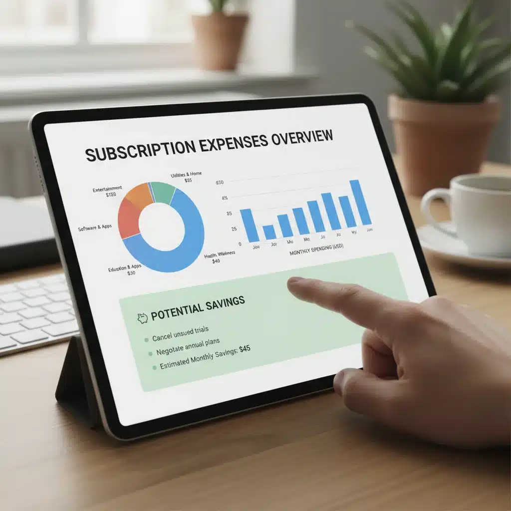 Financial dashboard displaying categorized subscription expenses and potential savings on a tablet.