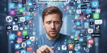 Overwhelmed person surrounded by digital subscription icons and a 2026 calendar, calculating expenses.