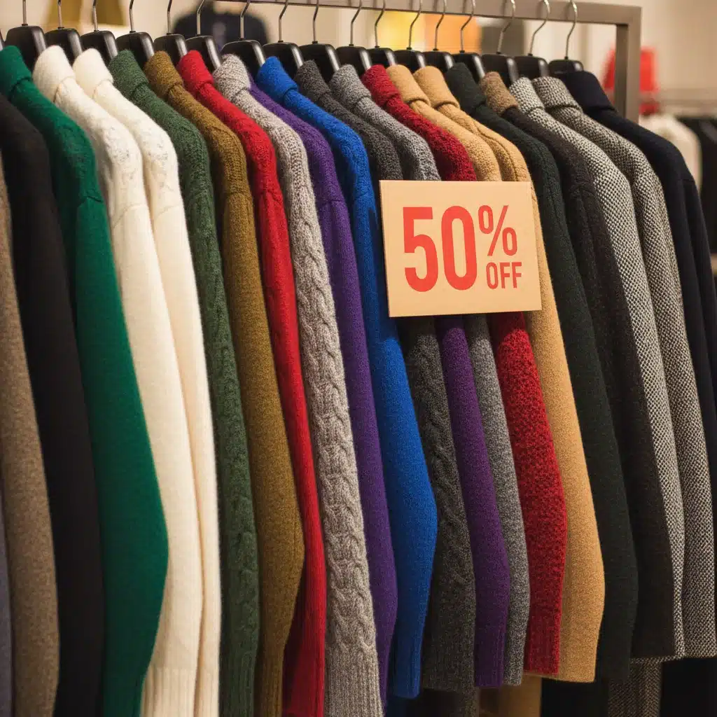 Stylish winter coats and sweaters on sale with a '50% OFF' sign.