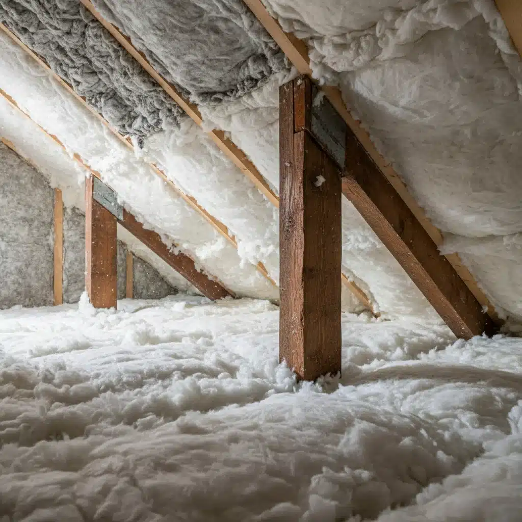 Attic with new, thick insulation for improved energy efficiency.