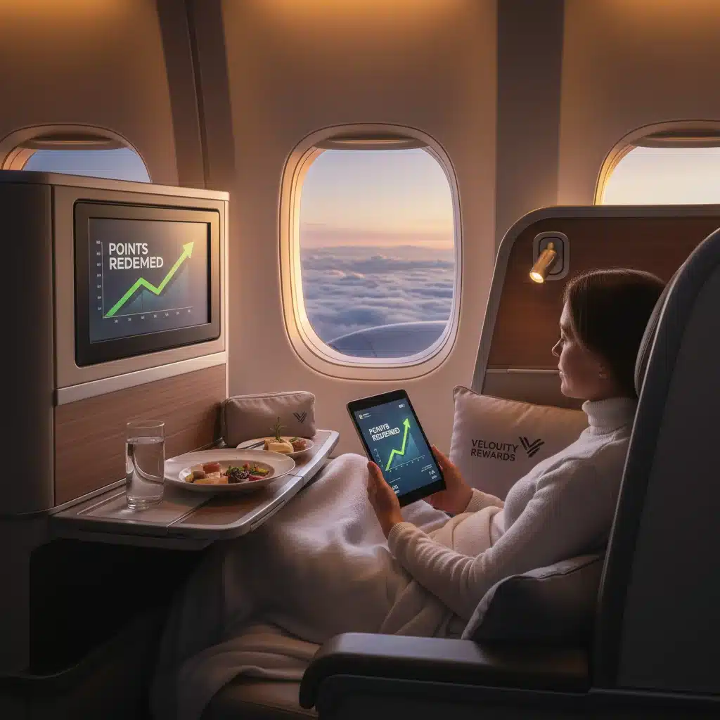 Traveler enjoying a luxurious business class flight experience, a result of optimized points redemption.
