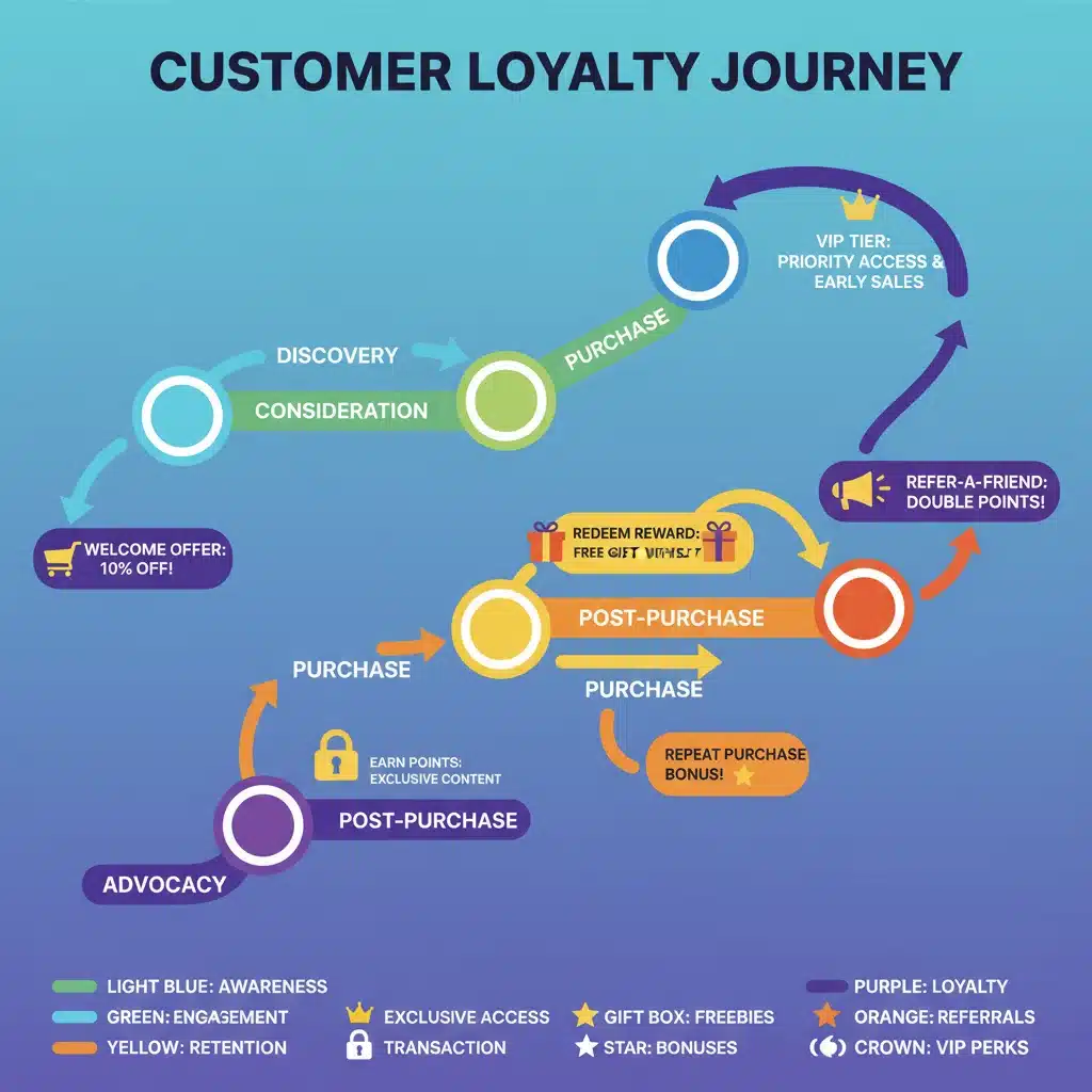 Infographic depicting customer journey with integrated loyalty rewards and engagement touchpoints.