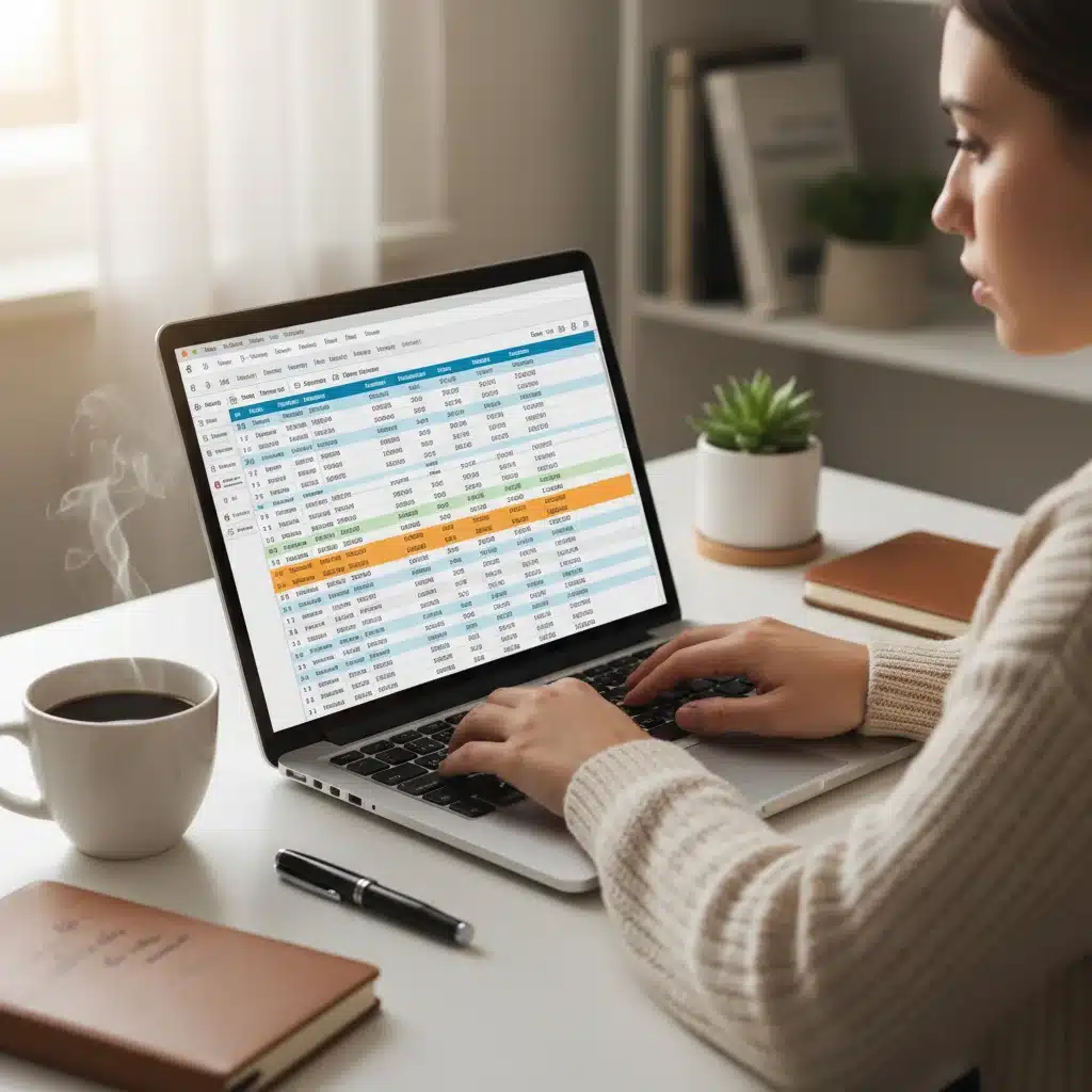 Person tracking budget on laptop with spreadsheets and coffee.