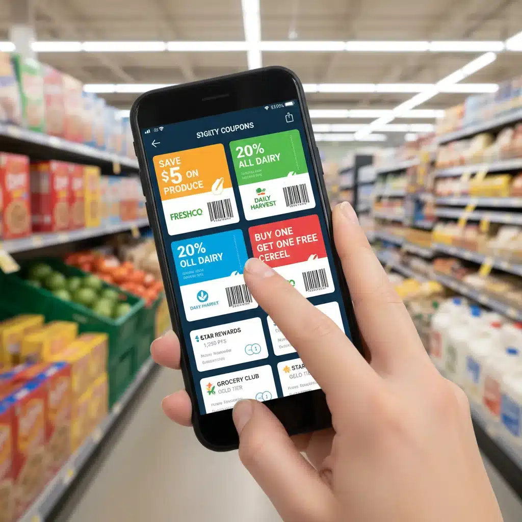 Smartphone displaying digital coupons and loyalty apps in a grocery store.