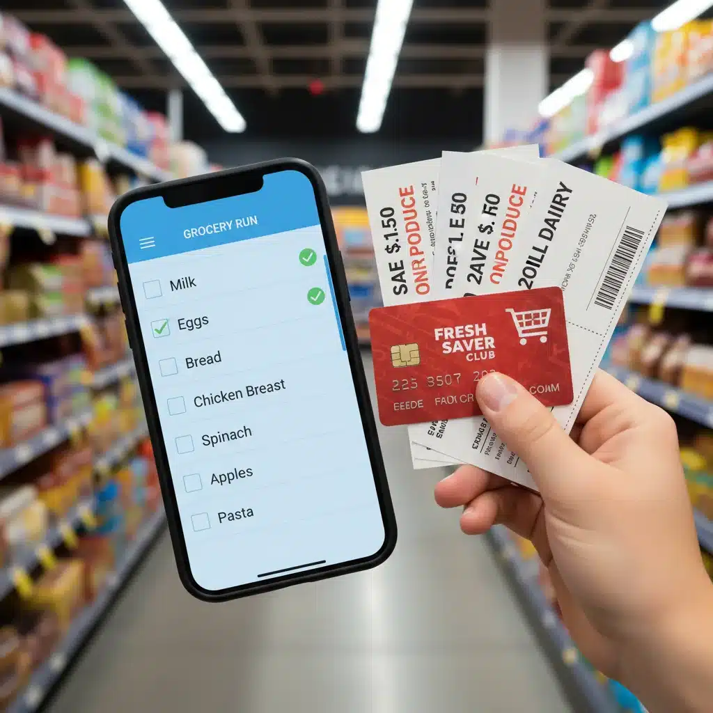 Smartphone with grocery list app, coupons, and loyalty card