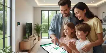 Family reviewing home energy usage on a tablet, happy about savings.