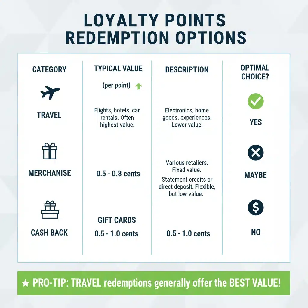 Infographic comparing loyalty point redemption options and their value.