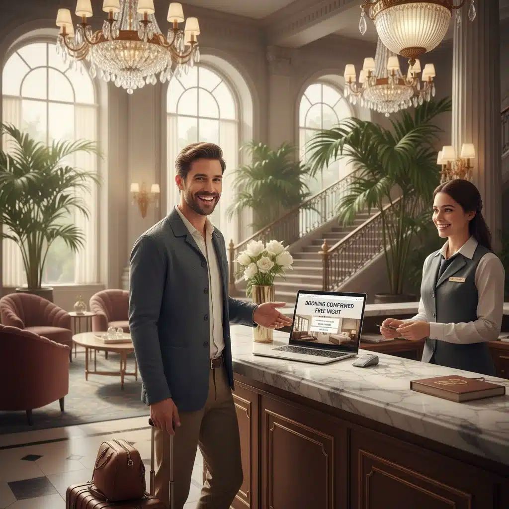Traveler checking into luxury hotel with redeemed points