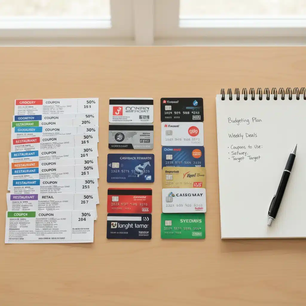 Organized physical coupons, loyalty cards, and a cashback credit card for strategic savings.
