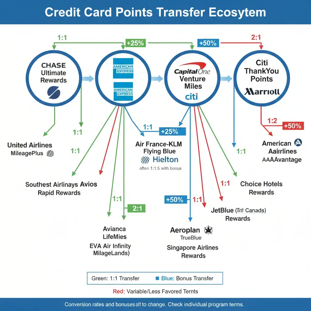 Infographic detailing credit card points transfer pathways to airline and hotel loyalty programs.