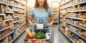 Woman pushing grocery cart with fresh produce, calculator, and shopping list
