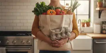 Person smiling with shopping bag and calculator, symbolizing smart saving